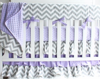 Gray Chevron Lavender Ruffle Crib Skirt nursery bedding