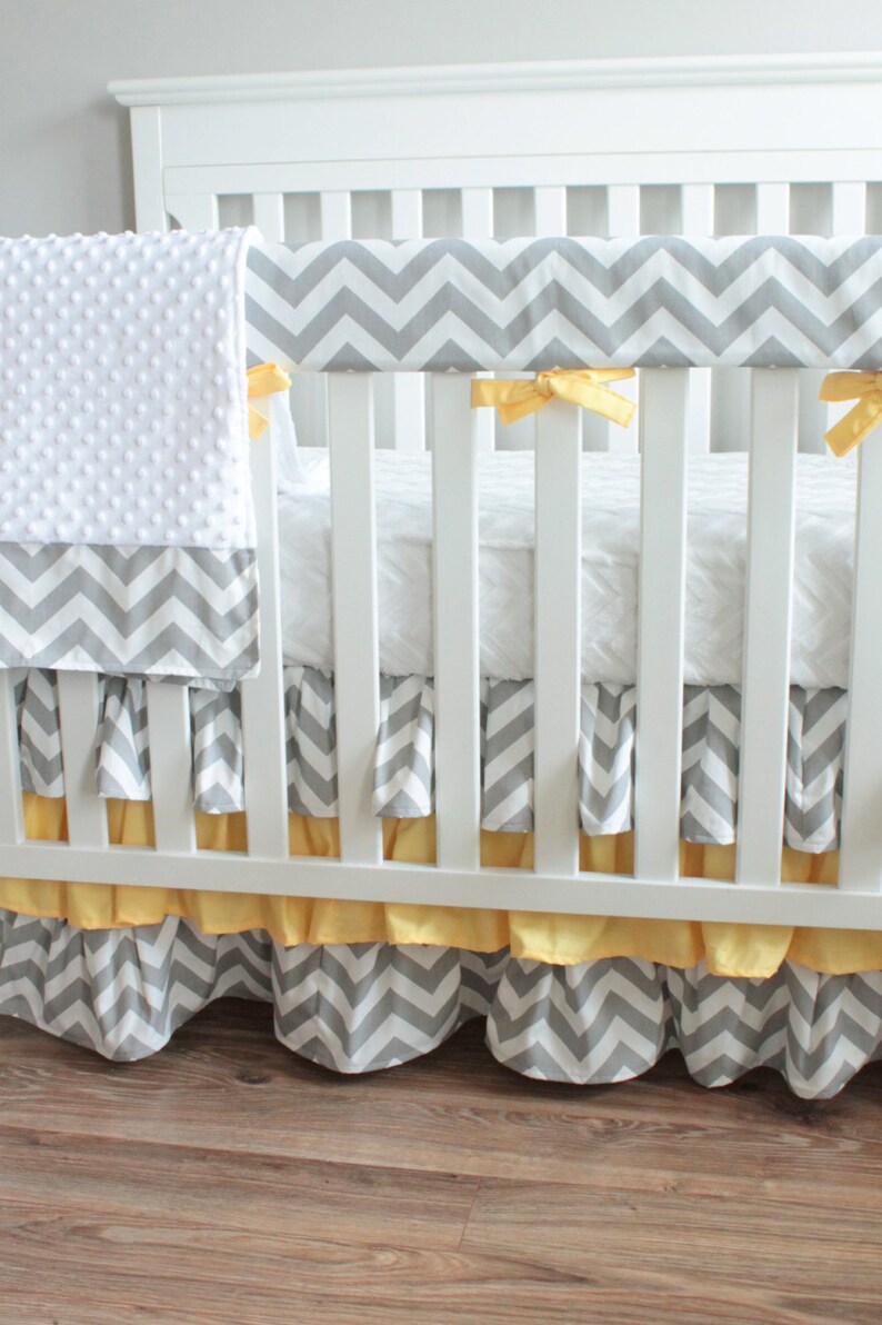 Gray Chevron Yellow Bumperless Crib Rail Bedding Set Etsy