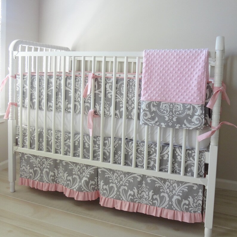 Pink and Gray Damask Crib Baby Bedding Set Etsy
