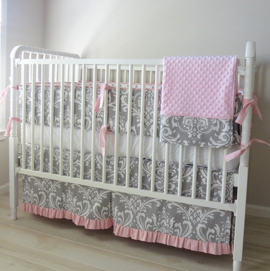 Pink and Gray Damask Crib Baby Bedding Set Etsy