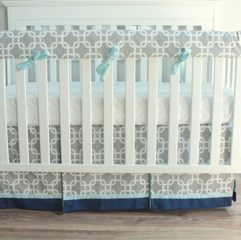 Blue and Gray Gotcha Boy Crib Rail Bedding set.