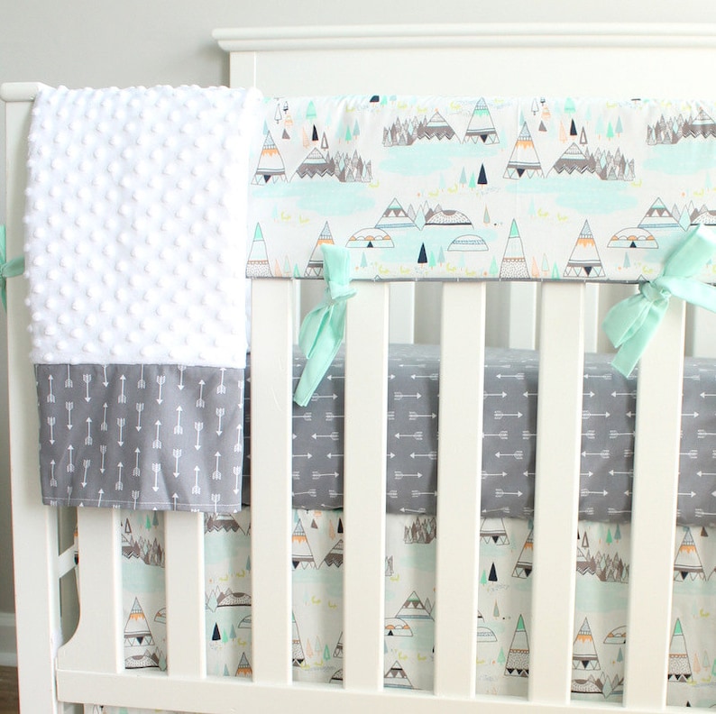 Boy Crib Bedding Set Woodland Mint Gray Teepee Indian summer Rail Cover Nursery Set