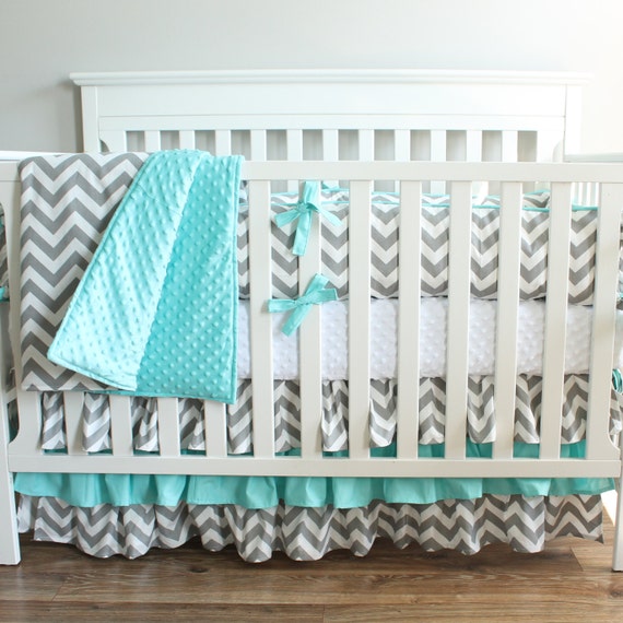 Gray Chevron Aqua Crib Rail Bedding Set Etsy