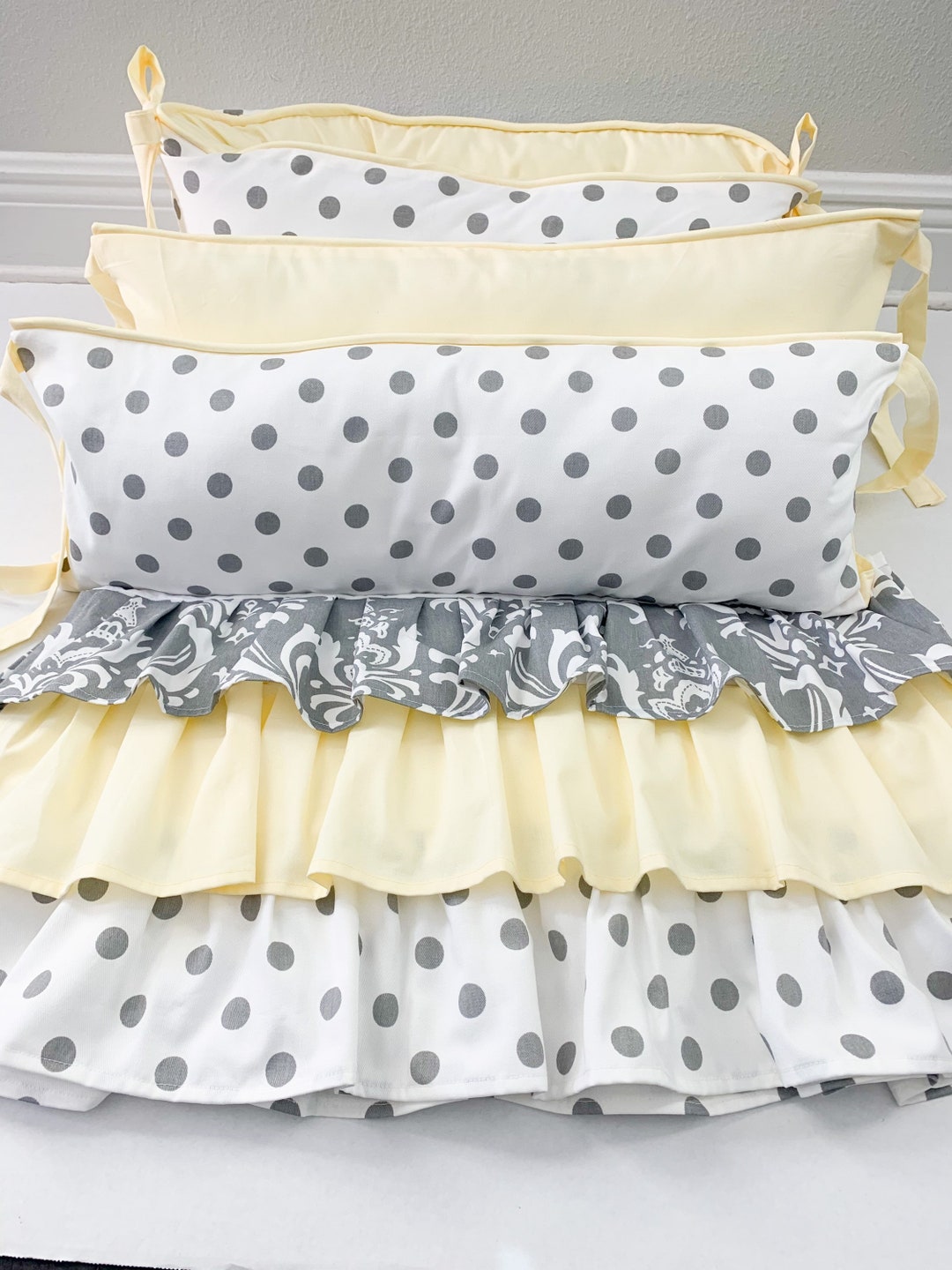 Yellow and Gray Damask Crib Bedding Set With 3 Tiered Skirt Etsy