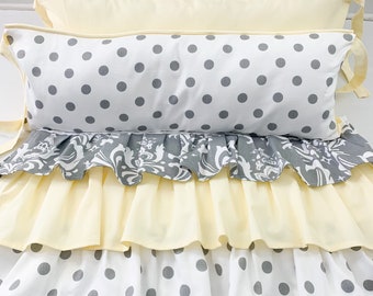 Yellow and Gray Damask Crib Bedding set with 3 Tiered skirt