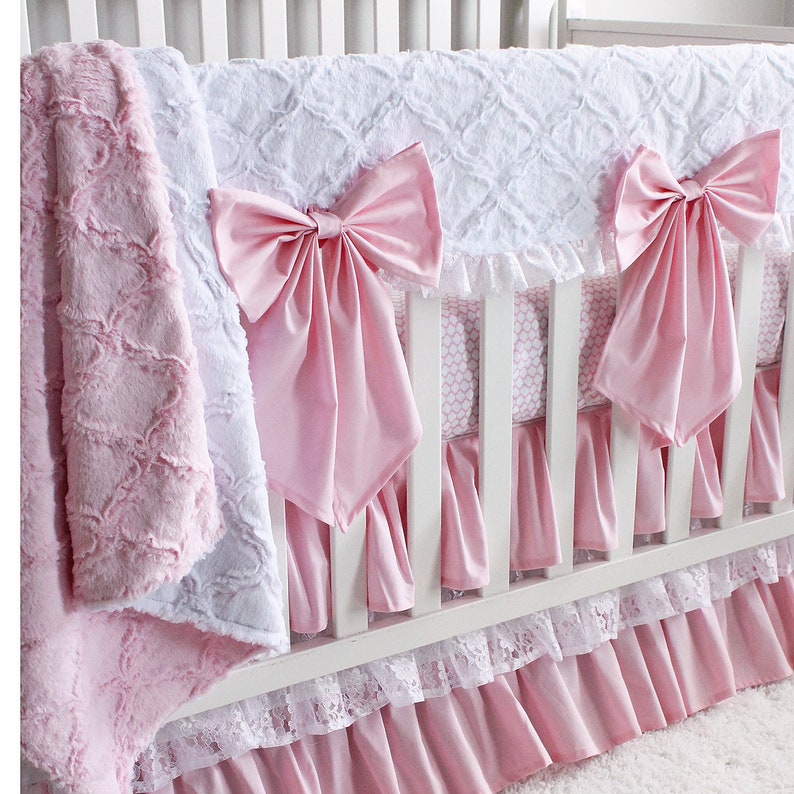 Baby Pink and White Minky Lattice Lace Baby Girl Crib Bedding Etsy