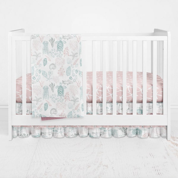 Under the Sea Nursery Baby Crib Bedding Pink Aqua FishTurtle shell Nursery Ruffled crib skirt Star fish