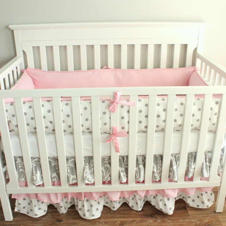 Pink and Gray Damask Crib Bedding Set With 3 Tiered Skirt Etsy