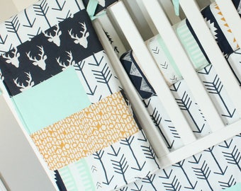 Boy Crib Bedding. Navy Mint Buck Arrow Crib baby Woodland tribal Deer Aztec