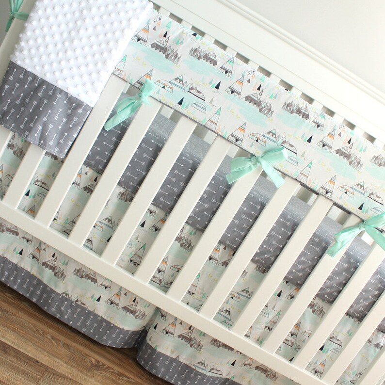 Boy Crib Bedding Set Woodland Mint Gray Teepee Indian summer Rail Cover Nursery Set
