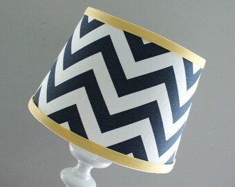 IN STOCK. Navy Chevron lamp shade with accent yellow.