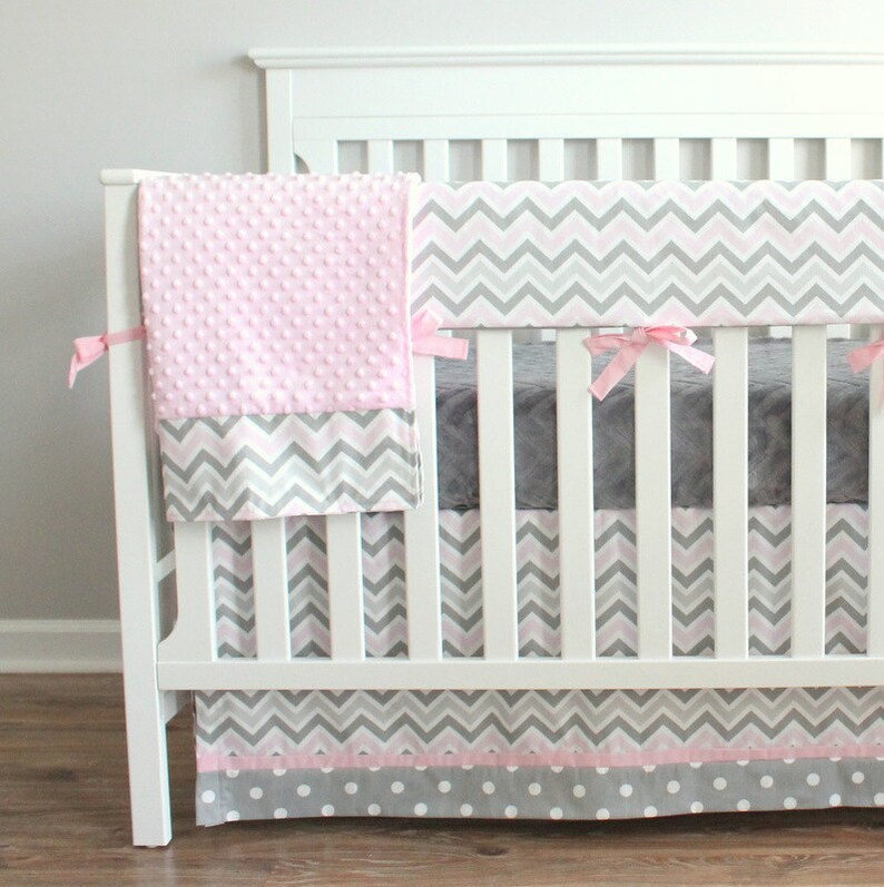 Pink and Grey Zoom Bumperless Crib Rail Bedding Set. Etsy