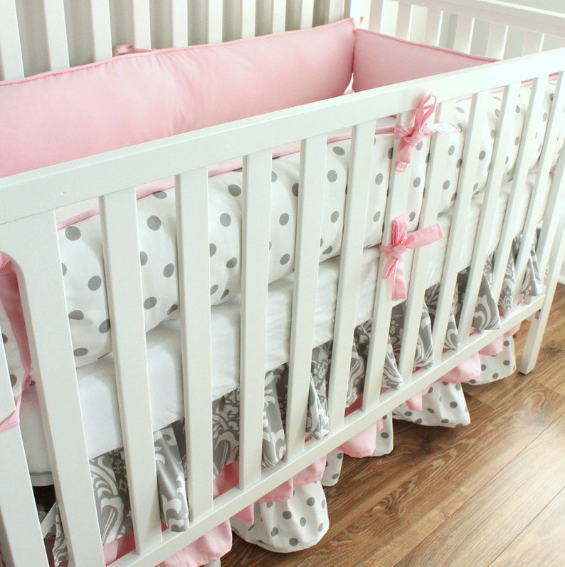 Pink and Gray Damask Crib Bedding Set With 3 Tiered Skirt Etsy