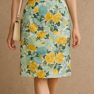 Vintage Floral High Waisted Skirt 60s Retro Style in Yellow & Blue