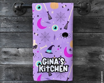 Custom Halloween Kitchen Towels, Personalized Retro Halloween Pattern, Gift Boxed Option Custom Dishcloths, Custom Name Kitchen Towels