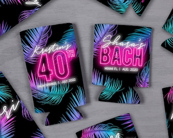 Tropical Ombre Neon Palm Leaf Slim and Standard Cozies,  Can Coolers for Birthdays or Bachelorette Cozie, Personalized Can Cooler