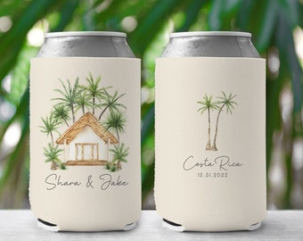 Personalized Palm Tree Bungalow Can Cooler – Tropical Wedding Favor