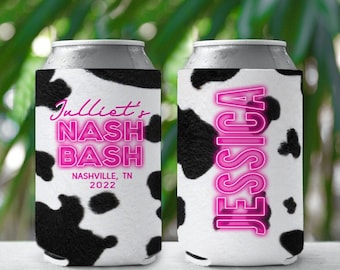 Custom Cow Print Neon Can Coolers, Nash Bash Lets Get Rowdy, Bachelorette Party Favors, Personalized Can Coolers in Slim and Standard Sizes