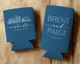 Personalized Wedding Can Coolers - Custom Cityscape Design