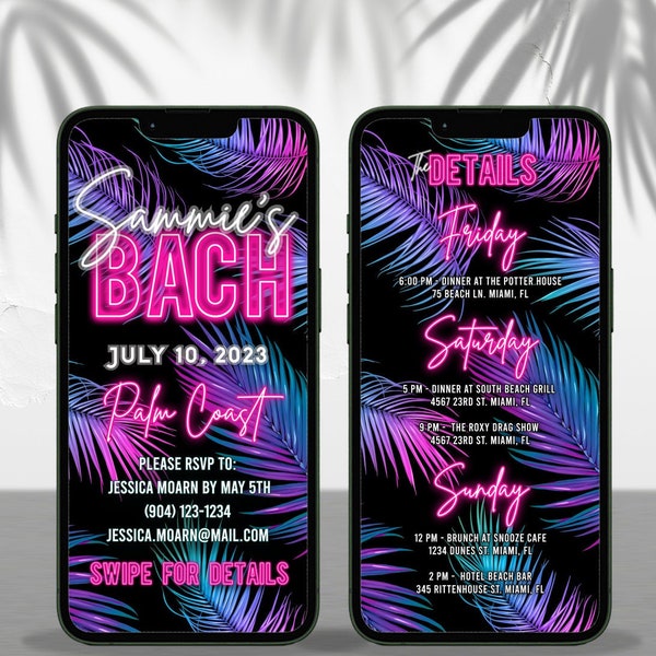 Digital Editable Invitation Digital File - Custom Neon Sign Text Ombre Tropical Background - Digital Invite and Itinerary for ANY Event