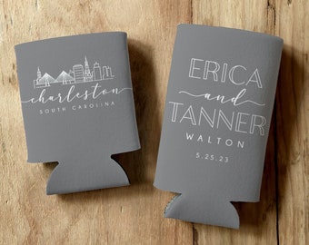 Custom Charleston Wedding Favor Can Coolers, Personalized Cityscape Wedding Favors, Wedding Rehearsal Dinner Favors, Wedding Reception