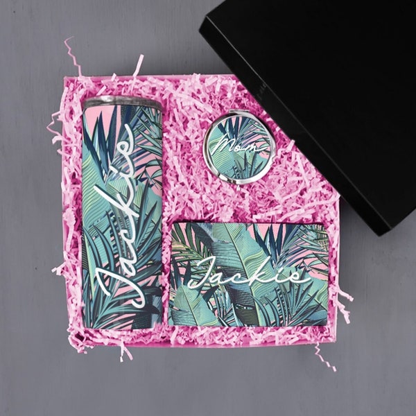 Miami Palm Leaf Tropical Gift Box Set, Personalized Palm leaves Tropical Gift set, Custom Pouch Compact Mirror Tumbler,Birthday Gift