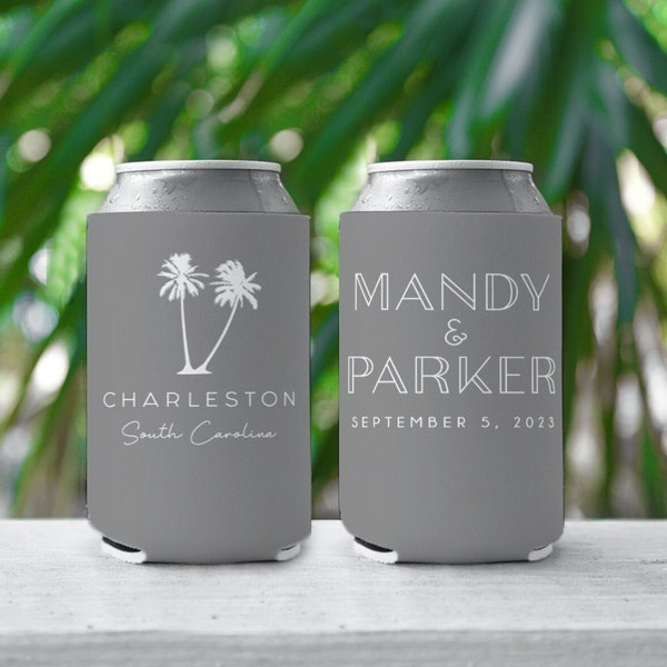 Wedding Cozies Party Favors - Palm Tree Can Coolers - Cozies -Slim Can Cooler and Standard Can Coolers - Personalized Party Favors