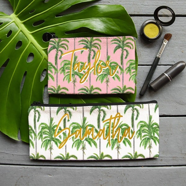 Palm Tree Gold Custom Text Makeup Bag, Tropical Bridesmaid Pouch, Custom Makeup Bag, Coin Purse, Personalized Cosmetic Bag