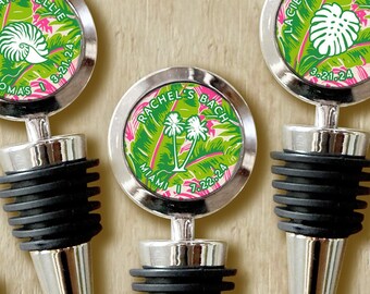 Tropical Palm Wine Bottle Stopper - Green and Pink Preppy Personalized Wine Stopper Wedding Favors - Gift Boxed Options Wine Stopper