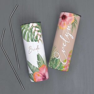 White and Beige Hibiscus Modern Wedding 20 oz. Skinny Tumblers - Modern Bridesmaid Gifts - Wedding Day Tumblers - Gift Box Tumbler