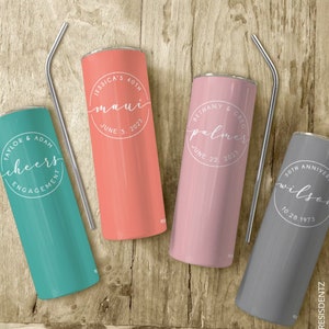 Beach Tumblers - Skinny Tumblers with Lid and Straw - Custom Bachelorette Tumblers - Personalized Bridesmaid Tumblers -Cursive Logo Tumblers