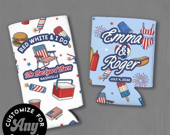 Custom Patriotic Can Cooler – 4th of July Wedding Favor, BBQ Drink Sleeve
