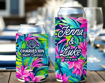 Tropical Can Cooler - Hawaiian Floral Beach Bachelorette Wedding Favor