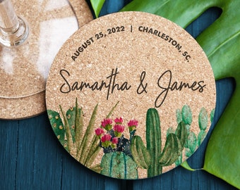 Personalized Cactus Drink Coasters Wedding Favors, Custom Cork Coasters, Personalized Wedding Coasters