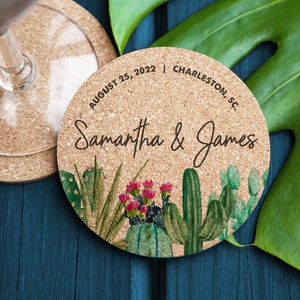 Personalized Cactus Drink Coasters Wedding Favors, Custom Cork Coasters, Personalized Wedding Coasters