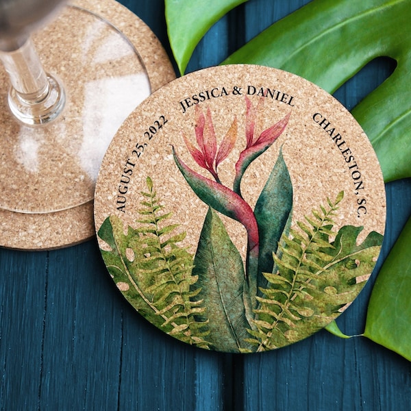 Personalized Tropical Bird of Paradise Drink Coasters Wedding Favors, Tropical Custom Cork Coasters, Personalized Wedding Coasters
