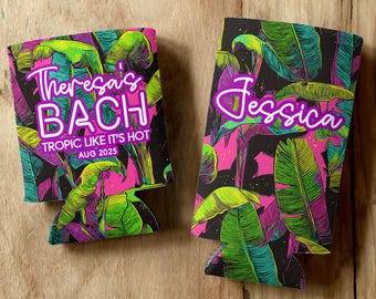 Neon tropiska löv anpassade muffins, möhippa, retro palm dryckeshållare, personliga födelsedags strandburkkylare