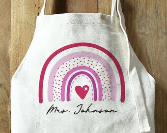 Custom Valentine's Bohemian Rainbow Day Apron, Personalized Linen Apron with Pockets Gift Box Option, Personalized Gift For Her Mom Wife