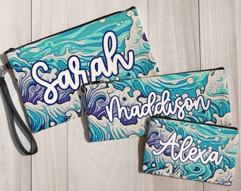 Personalized Zipper Pouch - Custom Name Makeup Bag - Summer Trippy Waves Ocean Canvas Bag - Makeup Pencil and Coin Pouch Sizes
