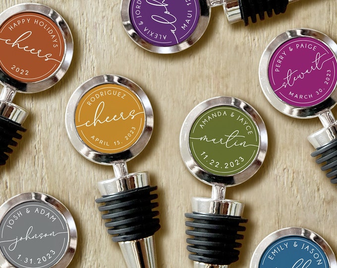 Custom Wine Bottle Stopper Wedding Favor | Permanent Print | Gift Box Color, Guest Keepsake
