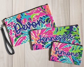 Custom Makeup Bag Personalized Gift for Bridesmaid Pouch with Name Tropical Preppy Floral Zipper Pouch Custom Bachelorette Gift Party Favor