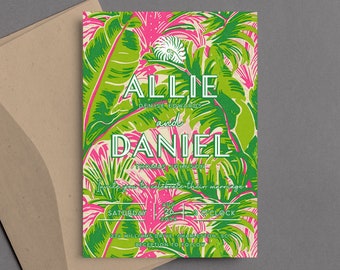 Preppy Green & Pink Banana Leaf Wedding Invitation - Digital Template - 5x7 Editable Coastal Wedding Invitation - Edit on Templett