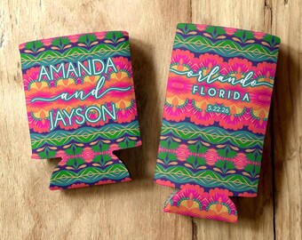 Personalized Boho Can Cooler – Folk Floral Wedding Favor, Bachelorette, Birthday Drink Sleeve