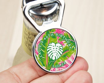 Tropical Palm Pink and Green Magnetic Bottle Opener - Personalized Save The Dates - Custom Wedding Favors - Customize Text For Your Event