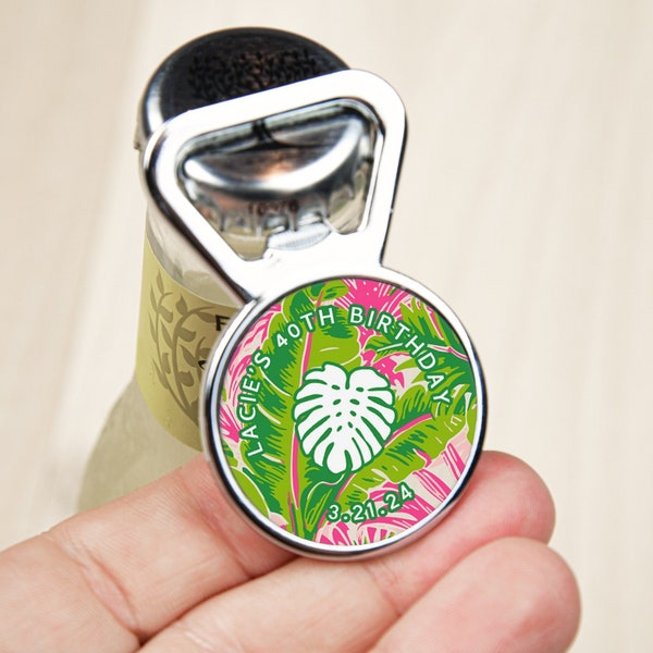 Tropical Palm Pink and Green Magnetic Bottle Opener - Personalized Save The Dates - Custom Wedding Favors - Customize Text For Your Event