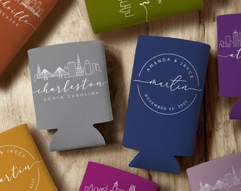 Custom Cityscape Wedding Favor Can Coolers, Personalized Wedding Favors, Wedding Favors, Wedding Rehearsal Dinner Favors, Wedding Reception
