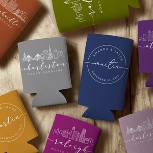 Custom Cityscape Wedding Favor Can Coolers, Personalized Wedding Favors, Wedding Favors, Wedding Rehearsal Dinner Favors, Wedding Reception