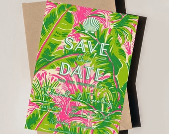 Preppy Green & Pink Banana Leaf Save The Date - Digital Template - 5x7 Editable Coastal Wedding Invitation - Edit on Templett for Any Event