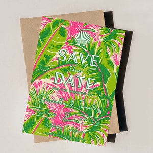Preppy Green & Pink Bananenblatt Save The Date - Digitale Vorlage - 13 x 18 bearbeitbare Küstenhochzeitseinladung - Bearbeiten Sie auf Templett für jede Veranstaltung