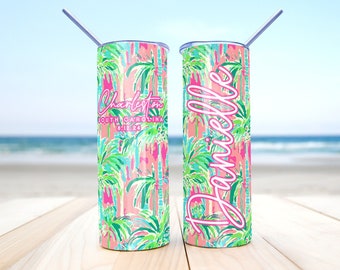 Personalized Preppy Tropical Palm Tree Tumblers 20 oz - Chic Pink, Peach, Green, Aqua Stainless Steel Insulated Cups for Events & Gifts